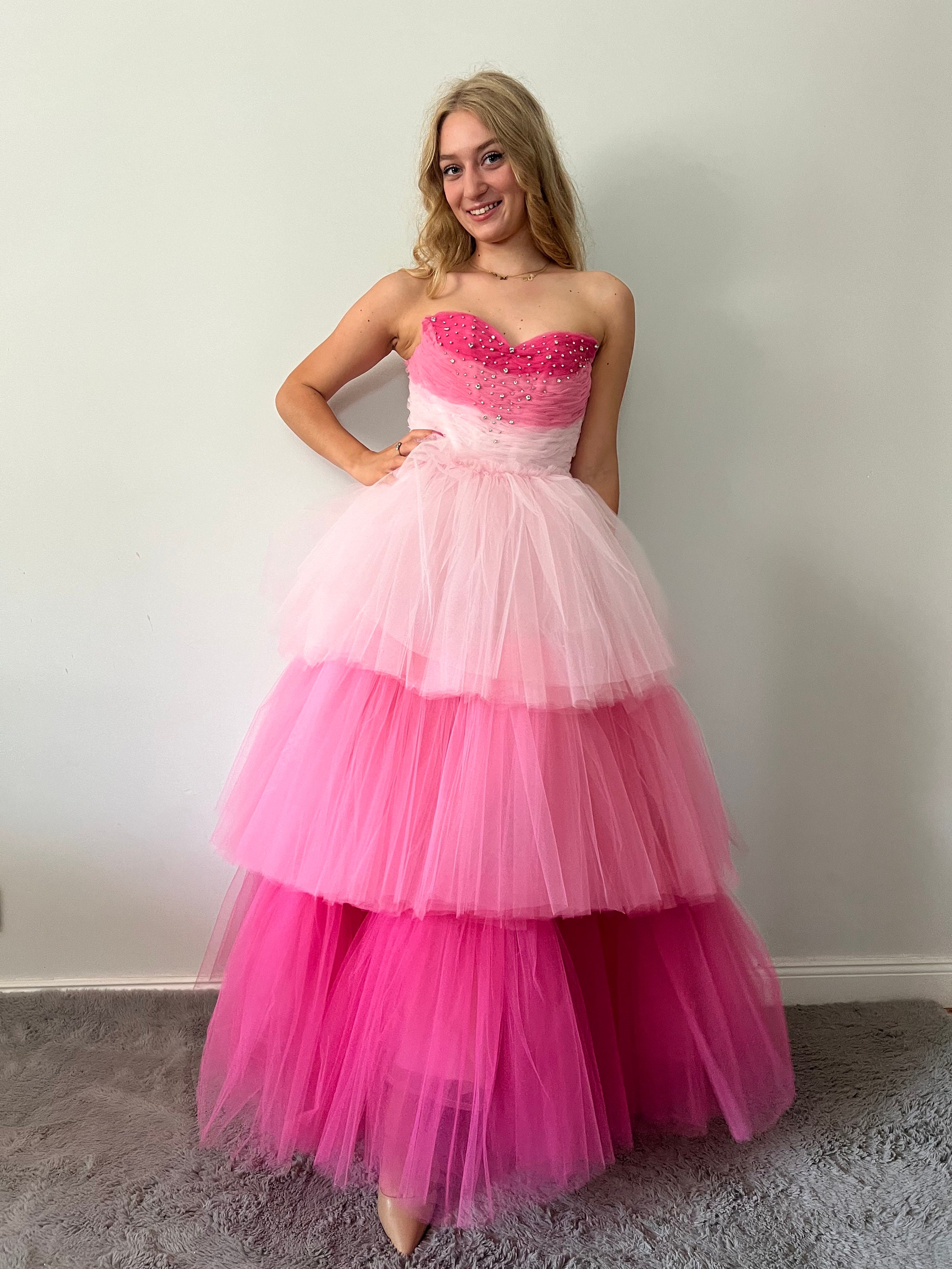 Pink Tulle Dress, Crystals Corset Top,engagment Dress