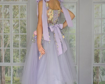 Lavender Romantic Tulle Dress, Flower Corset Top,engagment Dress 