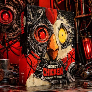May include: A rectangular DVD box set titled Robot Chicken The Complete Series. The cover features a stylized illustration of a mechanical chicken head with a red eye, a yellow eye, and an orange beak, set against a red and black background.