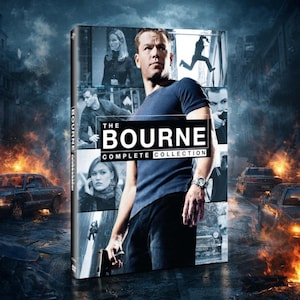 May include: The Bourne Complete Collection DVD set. The cover features a collage of images from the film, with Matt Damon in the center. The background shows a city scene with burning cars and action shots.