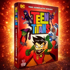 May include: A DVD box set for the animated series "Teen Titans: The Complete Series." The box is red with the show's title in large, colorful letters and features character illustrations. The DC Comics logo is visible.