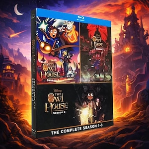 Pode incluir: The Owl House: A coleção completa da 1ª-3ª temporada em Blu-ray. A caixa apresenta ilustrações coloridas da série animada, com imagens das temporadas 1, 2 e 3. O título "The Owl House" é exibido em destaque.