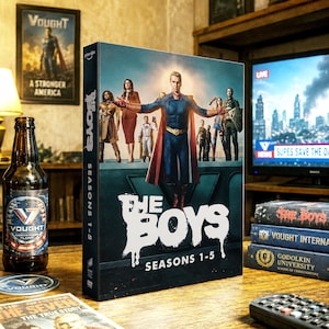 Puede incluir: Un set de DVD titulado The Boys Seasons 1-5 que muestra a un personaje central con un traje de superhéroe azul y rojo con capa, rodeado de otros personajes. El set está sobre una superficie de madera junto a una botella de cerveza Vought.