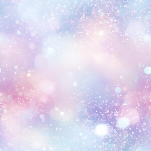 Könnte beinhalten: Abstrakter Hintergrund mit Weichzeichner-Effekt. Das Bild zeigt eine Mischung aus Pastellfarben, darunter Hellblau, Rosa und Lila, mit verstreuten weißen Bokeh-Kreisen und funkelnden Partikeln, die eine verträumte, ätherische Ästhetik erzeugen.