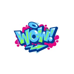 Könnte beinhalten: Ein lebendiges Grafikdesign mit dem Wort "WOW!" im Graffiti-Stil. Das Wort ist in Blau mit grünen Akzenten gehalten, mit einem rosa und blauen Hintergrund und einem Blitzpfeil.