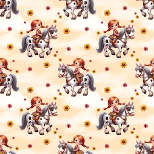 Könnte beinhalten: Ein sich wiederholendes Muster mit Cartoon-Illustrationen eines Mädchens mit roten Zöpfen, das auf einem weißen Pferd mit schwarzen Flecken reitet. Der Hintergrund ist hellorange mit verstreuten gelben und rosa Blumen. Das Mädchen trägt ein braunes Hemd und einen bunten Sattel.