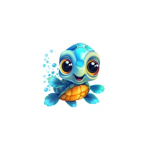 Könnte beinhalten: Cartoon-Illustration einer Babyschildkröte. Sie hat einen blauen Panzer und Flossen sowie einen orangefarbenen Bauch. Die Schildkröte hat große, ausdrucksstarke Augen und einen lächelnden Mund. Blasen schweben in der Nähe der Schildkröte, vor weißem Hintergrund.