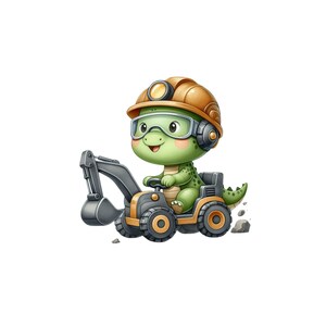 Könnte beinhalten: Cartoon-Illustration eines grünen Dinosauriers, der einen kleinen Bagger fährt. Der Dinosaurier trägt einen braunen Bauhelm mit Licht, Schutzbrille und einen grünen Körper. Der Bagger ist schwarz und orange.