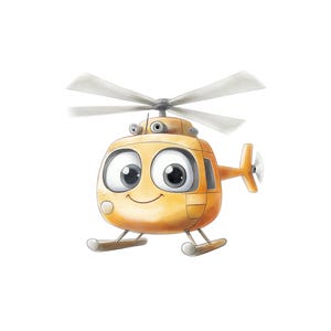 Könnte beinhalten: Eine Cartoon-Illustration eines gelben Hubschraubers mit einem lächelnden Gesicht und großen Augen. Der Hubschrauber hat einen weißen Rotorblatt und einen schwarzen Heck.