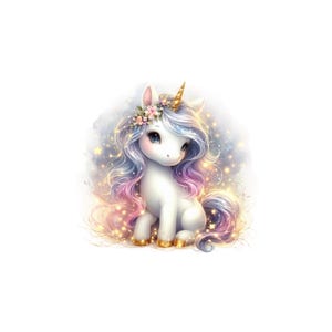 Könnte beinhalten: Eine Illustration eines sitzenden Einhorns mit weißem Körper, goldenem Horn und goldenen Hufen. Das Einhorn hat fließendes blaues und rosa Haar, einen Blumenkranz und ist von funkelnden Lichtern und Sternen umgeben.