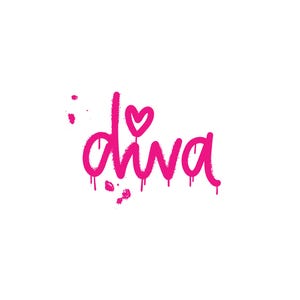 Könnte beinhalten: Pinkfarbener Spray-Paint-Grafik des Wortes "diva" mit einem pinkfarbenen Herzen über dem "v".