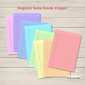 Pode incluir: Uma coleção de folhas de papel de caderno digital coloridas em rosa, roxo, azul, verde, amarelo e laranja. Cada folha tem linhas horizontais e uma linha de margem vertical. O texto "Digital Note Book Paper" é visível.