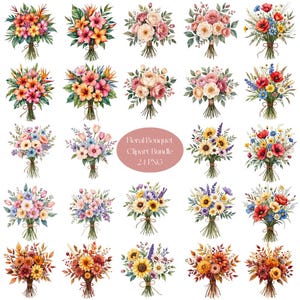 Pode incluir: Uma coleção de 21 imagens clipart de buquês florais em aquarela. Os buquês apresentam uma variedade de flores em tons de rosa, amarelo, laranja, vermelho e azul, amarradas com barbante. O texto na imagem diz "Floral Bouquet Clipart Bundle 21 PNG."
