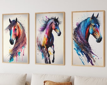Watercolor Horse Art Prints, Colorful Portrait Set (Digital Download)