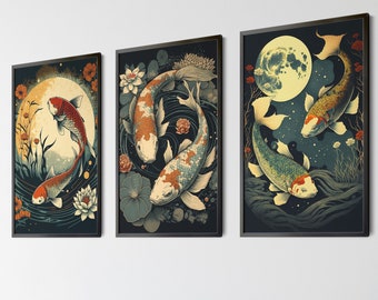 Printable Japanese Koi Carp Set of 3 Prints, Ukiyo-e Vintage Japan Posters, Home and Office Wall Art, Instant Digital Download
