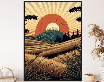 Japanese Landscape Painting of Ricefields Ukiyo-e Style in Boho Colors, Japan Wall Art Print Home Decor, Digital Download Printable Poster
