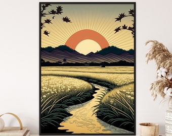Ukiyo-e Reisfeld Sonnenaufgang Druck - Japanische Landschaftskunst (Digitaler Download)