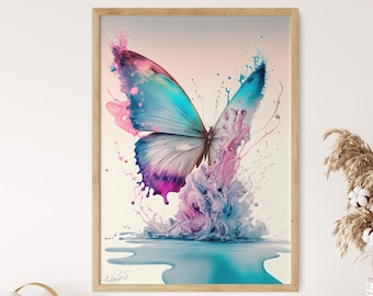 Pintura de mariposa en acuarela pastel, arte infantil en rosa turquesa (descarga digital)