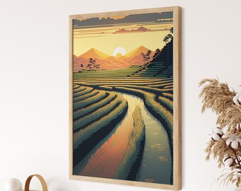 Printable Japanese Rice Field, Landscape Rising Sun Ukiyo-e Style Artwork, Japan Print Boho Colors Instant Digital Download