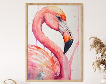 Pink Flamingo Watercolor Portrait, Nursery Art (Digital Download)