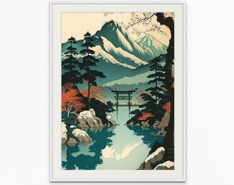 Japanese Mountain Landscape Art Print, Neutral Blue Poster (Digital Download)