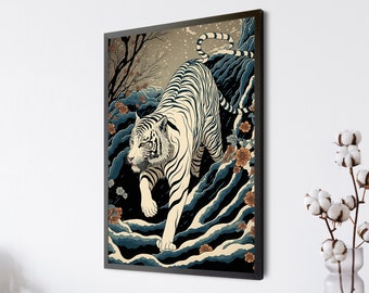Ukiyo-e Japanese White Tiger Painting, Japan Wall Art Print Home Decor Art Nouveau, digital downloadable Poster or Canvas Living Room Printt