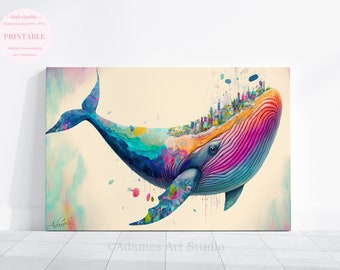 Lámina de acuarela de ballena, arte de la vida marina (descarga digital)