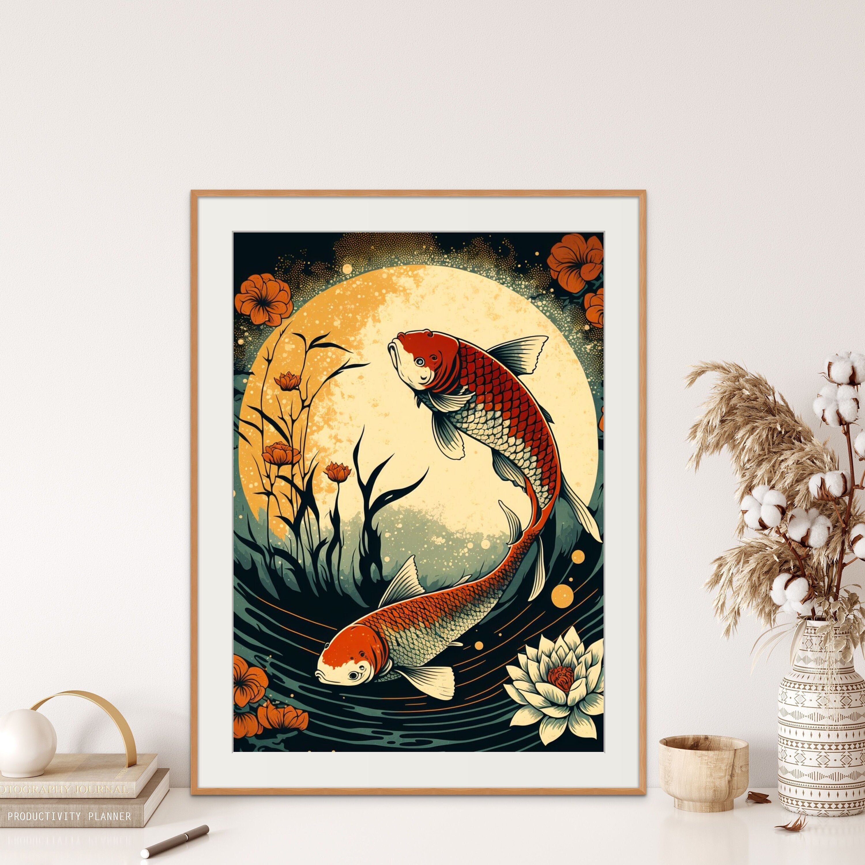 Japanese Koi Carp Print #1 in Ukiyo-e style, Japan Wall Art Poster Home Decor, Art Nouveau Painting, digital downloadable Prints or Canvas