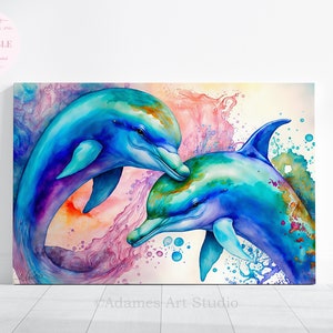 オリジナル水彩画イルカの絵画、リアルな野生動物のアートワーク