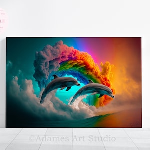 Rainbow Color Dolphin painting print by Adames, art, animal, illustration, Sea art, sea life art, nautical, ocean art, printable wallart