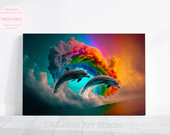 Rainbow Dolphin Painting Print, Sea Life Wall Art (Digital Download)
