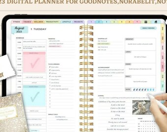 Pode incluir: Um aplicativo de planejador digital na tela de um tablet, mostrando o calendário de agosto de 2023 com uma data de terça-feira. O planejador é projetado para Goodnotes, Norabeilt e outros aplicativos de anotações. A tela mostra uma programação, prioridades, uma lista de tarefas, realizações, um diário e uma visão geral semanal.