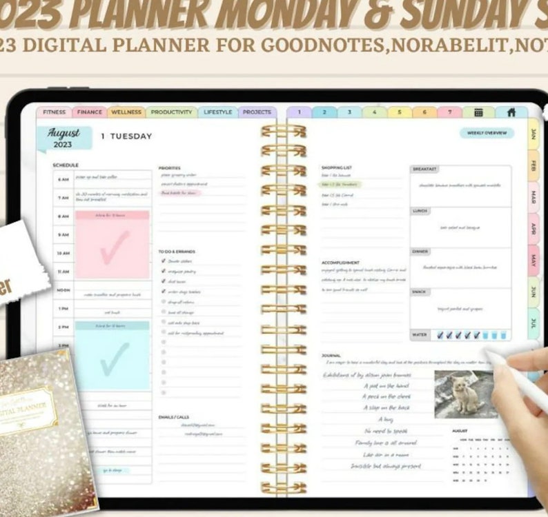 Pu&ograve; includere: Un'app di pianificazione digitale sullo schermo di un tablet, che mostra il calendario di agosto 2023 con una data di marted&igrave;. Il planner &egrave; progettato per Goodnotes, Norabeilt e altre app per prendere appunti. Lo schermo mostra un programma, priorit&agrave;, una lista di cose da fare, risultati, un diario e una panoramica settimanale.
