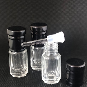 Botellas de attar vacías de vidrio de alta calidad de 3 ml con varilla medidora de vidrio para perfumes, aceites y fragancias de attar.