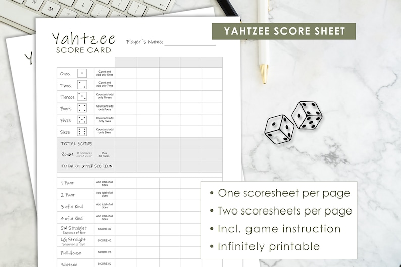 Yahtzee, Yatzy, Triple Printable Score Card. Scoresheets and Game Rules