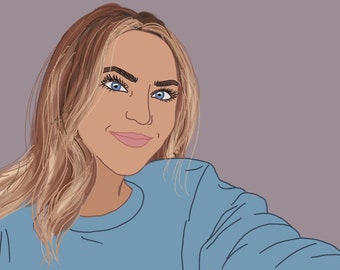 May include: Digital illustration of a person with long blonde hair and blue eyes, wearing a light blue sweatshirt. The artwork has a cartoon-like style with a purple background.