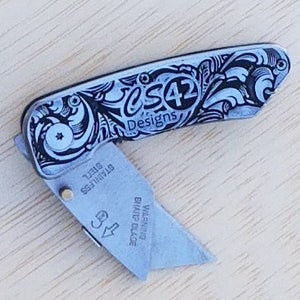 Personalized Folding Stainless Knife - Custom Engraved Name with Acanthus Scrolls - Box Cutter - Unique engraved gift