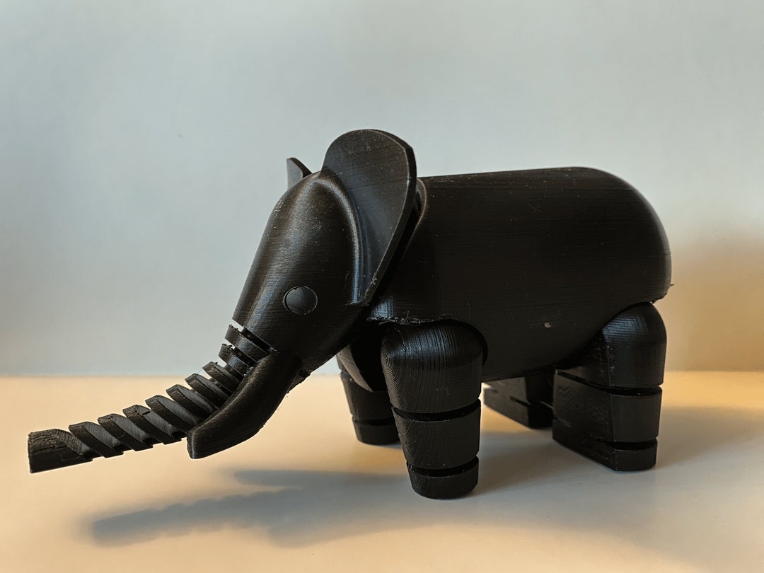 3d Printed Articulating Elephant, High Detail, so Cute, Black, 8 Long