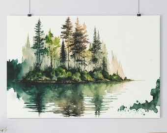Lakeside Forest, Museum-Quality Giclée Art Print, Watercolor Painting, Frameable Wall Art, Multiple Sizes