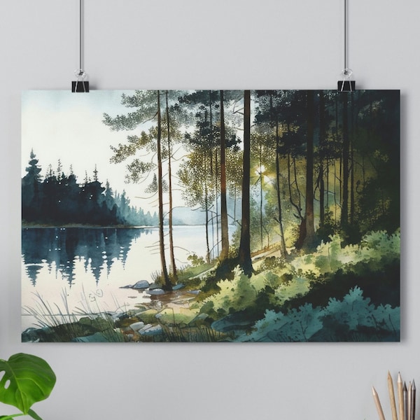 Lakeside Conifer Forest, Museum-Quality Giclée Art Print, Watercolor Painting, Frameable Wall Art, Multiple Sizes