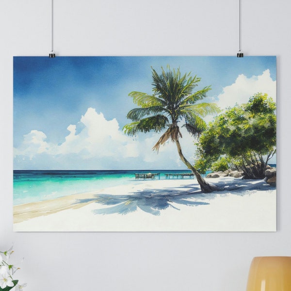 Maldives Beach on a Sunny Day, Museum-Quality Giclée Art Print, Watercolor Painting, Frameable Wall Art, Multiple Sizes
