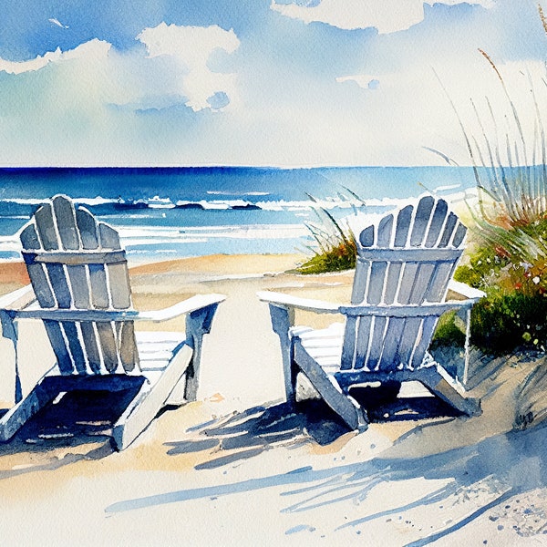 Adirondack Chairs on a Beach, Watercolor Painting, Instant Download Printable Art