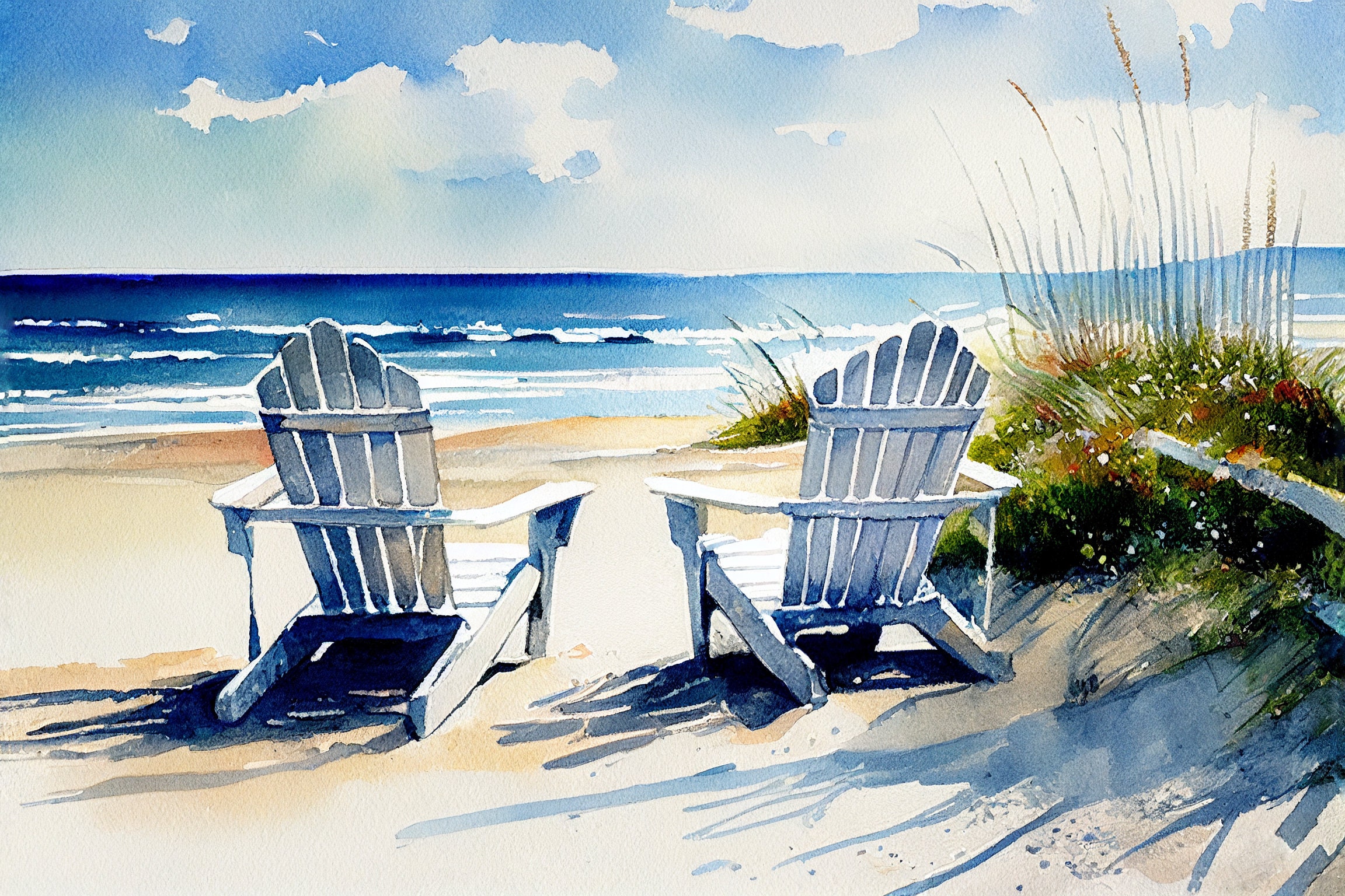 Adirondack Chairs on a Beach Watercolor Painting Instant Download Printable Art Etsy