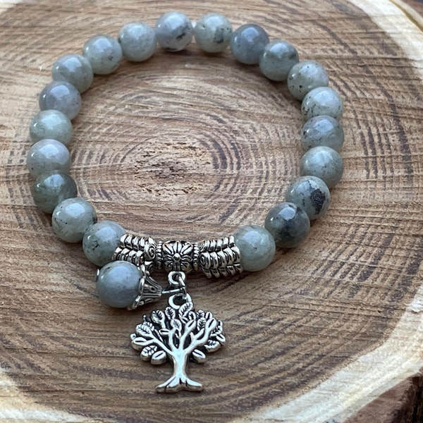 bracelet en perle de labradorite naturelle pendentif arbre de vie en argent tibétain