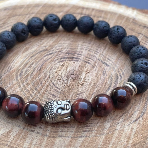 bracelet mala mixte homme/ femme en perles de lave et oeil de tigre rouge naturelles bouddha