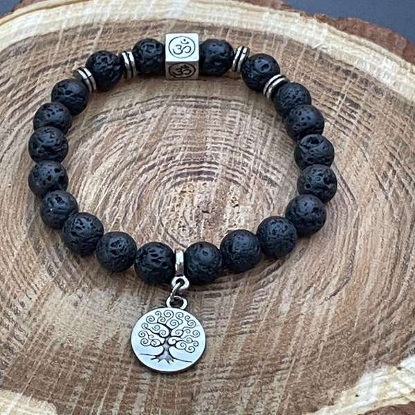 bracelet en perle de lave naturelle pendentif arbre de vie en argent tibétain