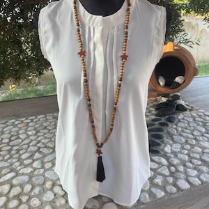 long necklace mala pompom wooden beads and Tibetan silver boho chic