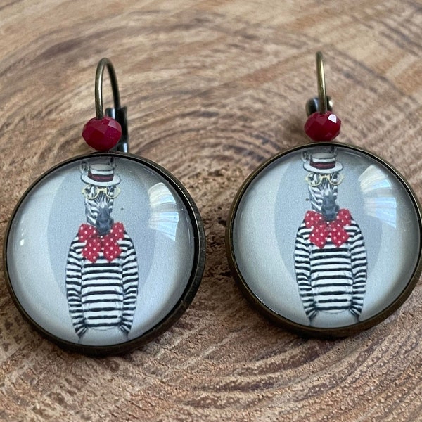 boucles d'oreille " zebre élégant " cabochon verre 20 mm