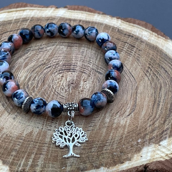 bracelet élastique fantaisie en perles de jade bohème chic arbre de vie