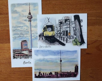 Postcards, greeting cards, Berlin drawings, set of 3